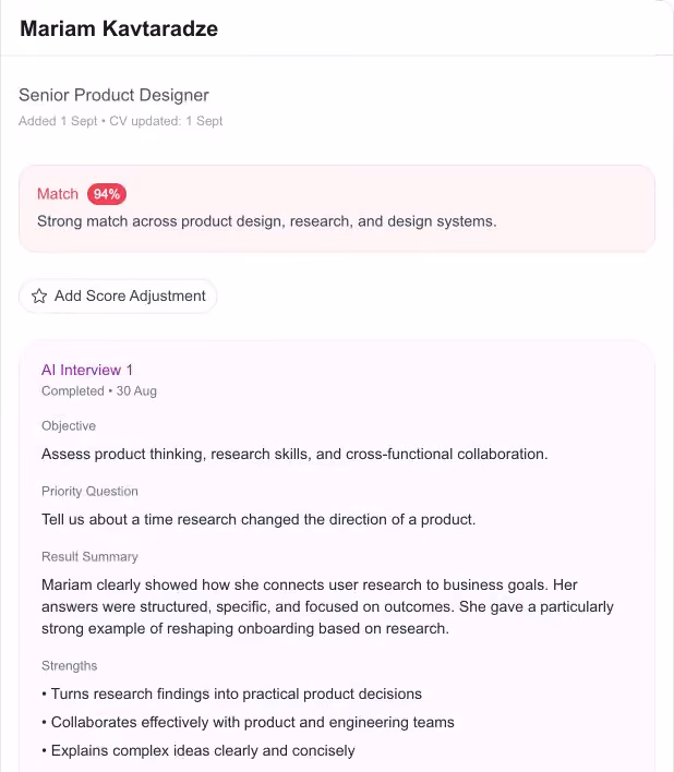 Rivo product screen: One complete candidate profile