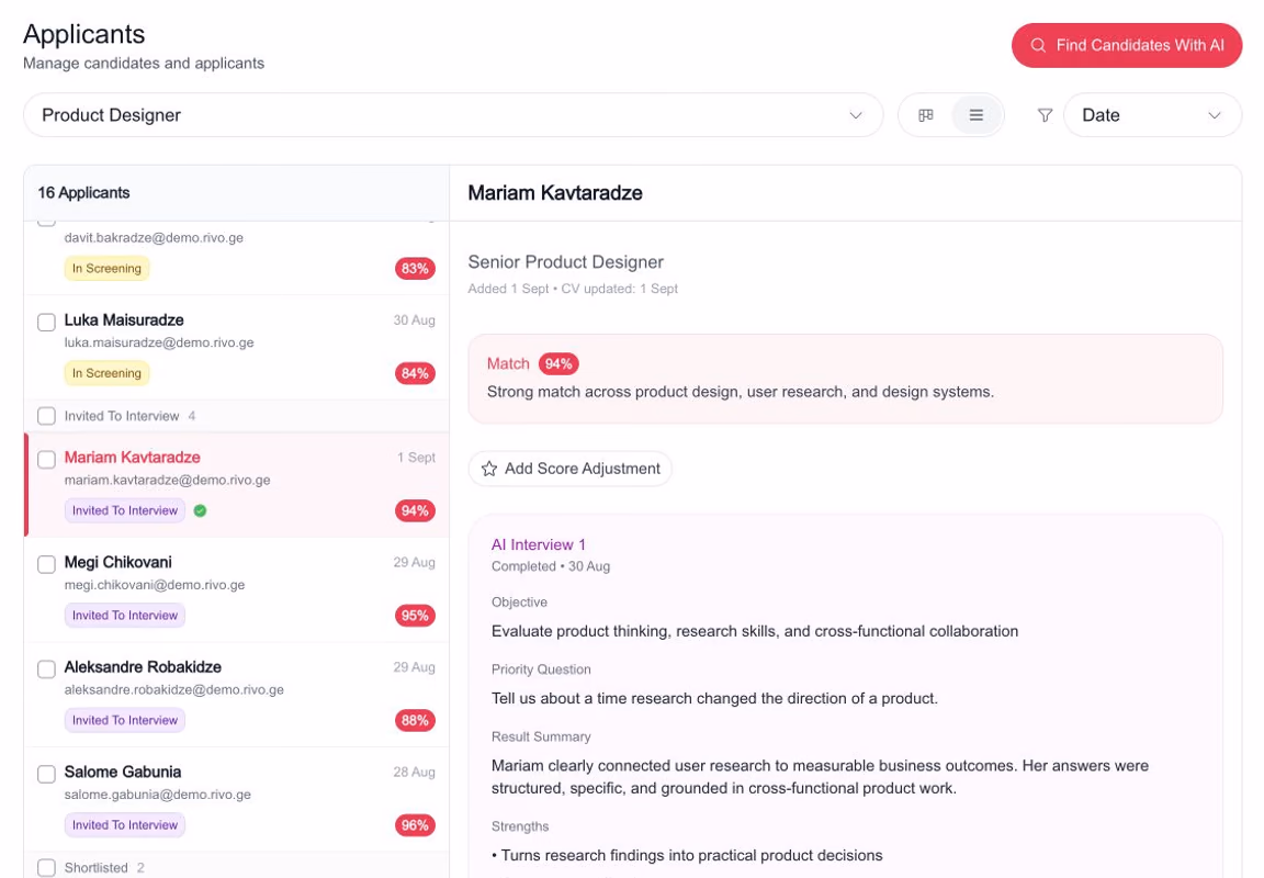 Rivo product screen: From posting a job to hiring the right person