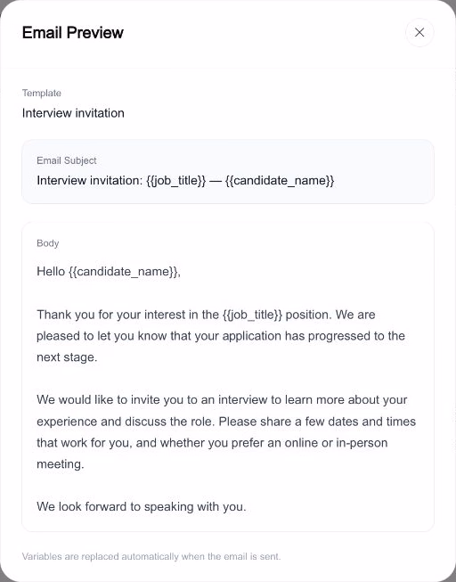 Rivo product screen: Communication templates for every stage