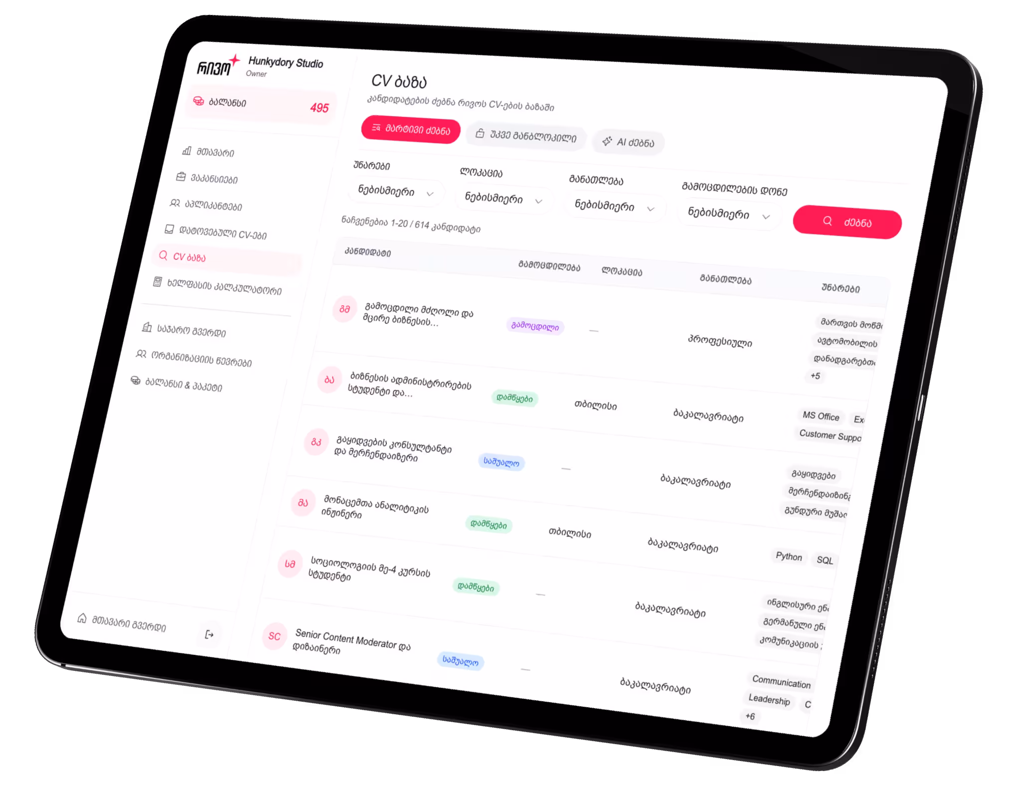 Rivo recruitment dashboard displayed on a tablet